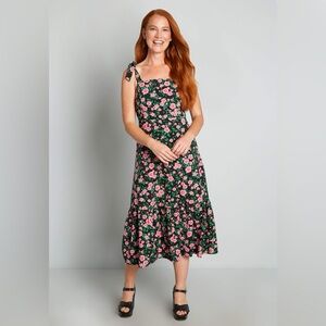 Princess Highway Black and Pink Floral Midi Dress
